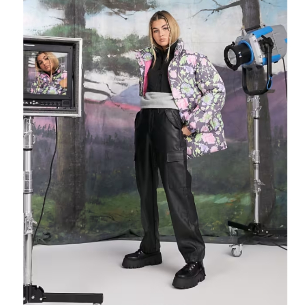 ASOS Design Floral Puffer Jacket - Purple and Black